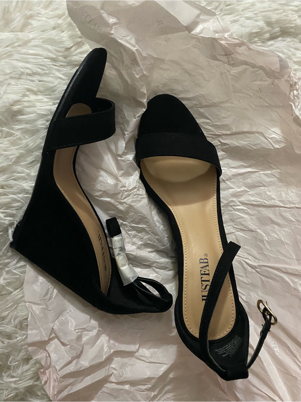 JustFab Black Suede Open-Toe Wedge Sandals with Ankle Strap
